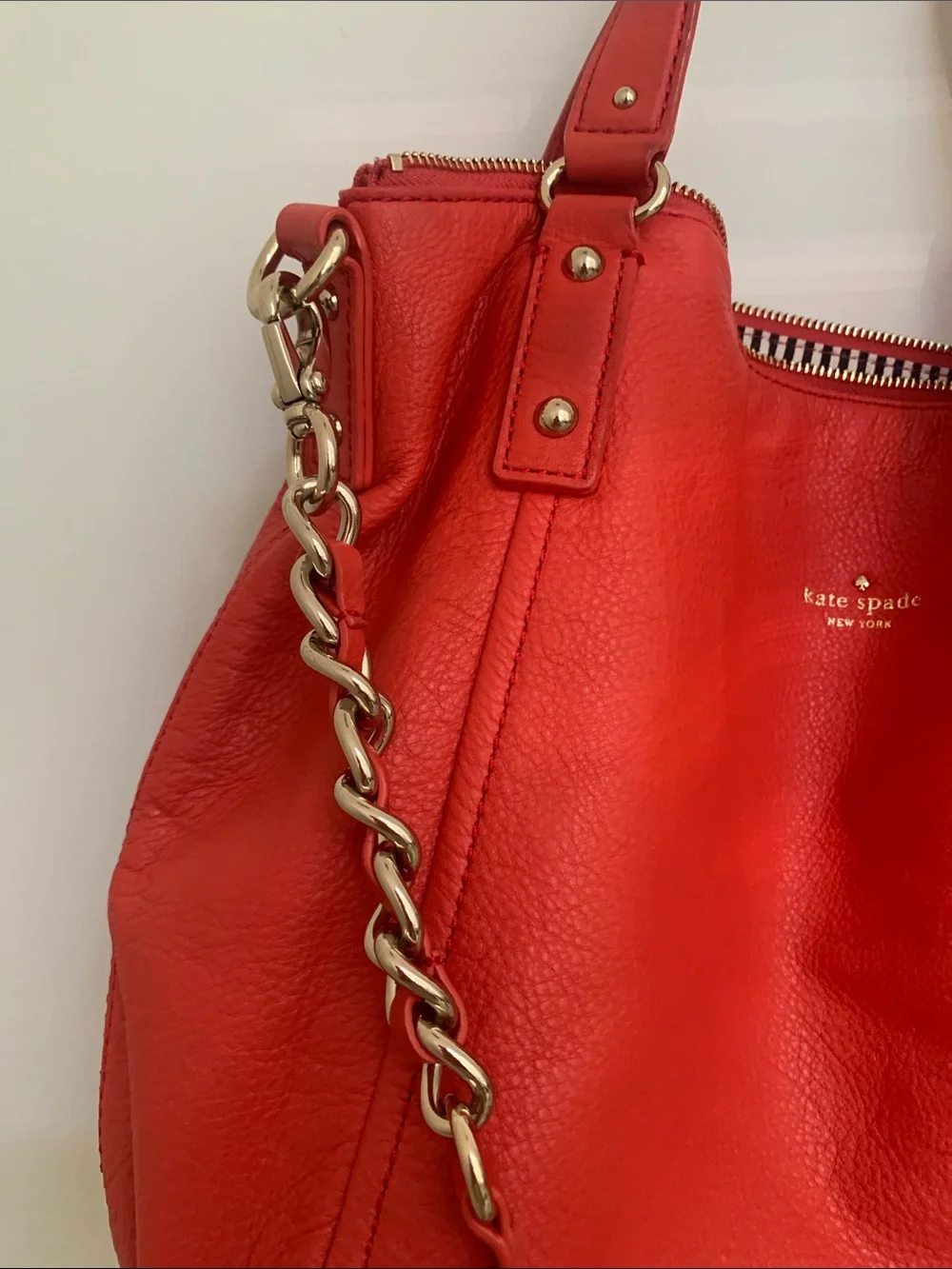 Like New- Kaye Spade  Red Pebble Leather Shoulder Bag with Gold Chain Accents